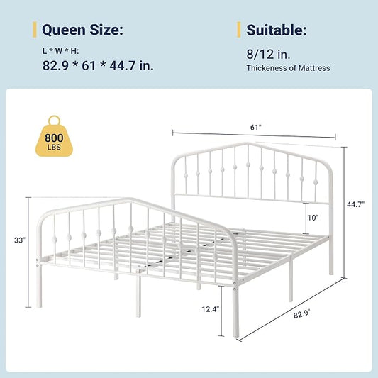Allewie Queen Size Metal Platform Bed Frame with Vintage Headboard and Footboard, No Box Spring Needed, Easy Assembly, White