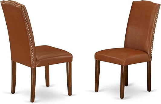 East West Furniture ENP3T66 Encinal Parsons Dining Chairs - Nailhead Trim Brown Faux Faux Leather Upholstered Chairs, Set of 2, Mahogany