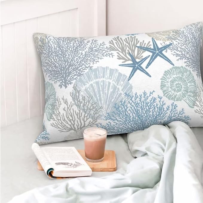 BETGINY Summer Coastal Throw Pillow Cover 12X20 Inch Pack of 2, Beach Seashell Starfish Themed Pillow Covers Square Cotton Ocean Pillow Cases Cushion for Bedroom Home Sofa Decoration