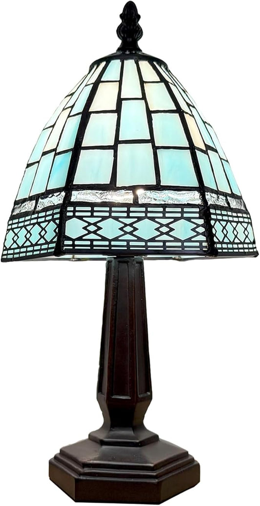 Small Tiffany Style Table Lamp,3 Color Temperature Grid Blue Stained Glass Table Lamps,Bedside Nightstand Night Light for Bedroom,Living Room, Dining Room W/LED Bulb,6X6X13Inch