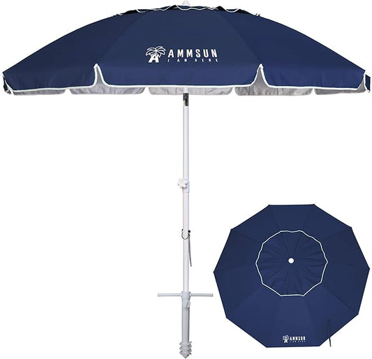 AMMSUN 8 Feet Large Beach Umbrella with Sand Anchor Heavy Duty High Wind Portable Outdoor Umbrellas UV 50+ Protection Air Vent Tilt Patio Garden Pool