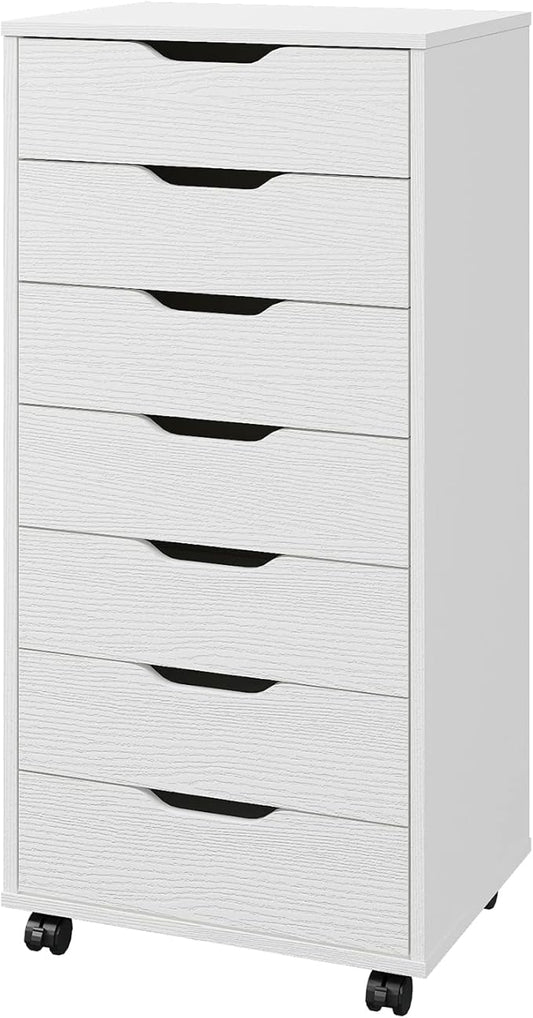 Panana 5/7 Drawer Chest, Wooden Tall Dresser Storage Dresser Cabinet with Wheels, Office Organization and Storage, Bedroom Furniture (White, 7 Drawer)