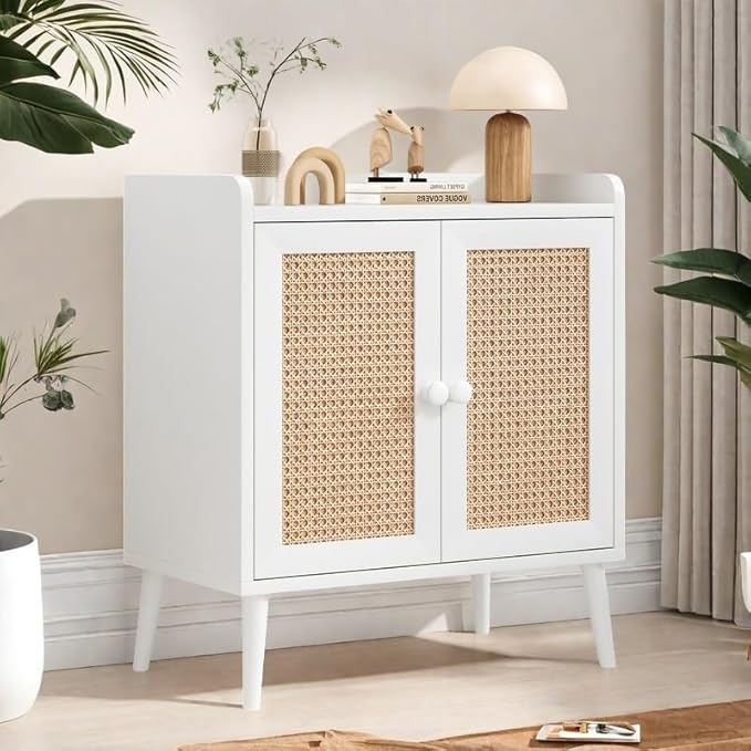 FONTOI Buffet Cabinet, Rattan Storage Cabinet with Round Pull Rings, Sideboard with Ample Storage, Bar Liquor Shelf with 2 Doors for Living Room, Hallway, White