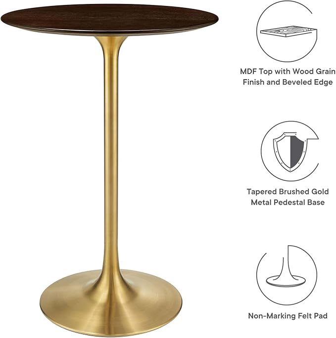 Modway Lippa Round 28" Cherry Walnut Wood Grain Mid-Century Modern Bar Table in Gold Cherry Walnut