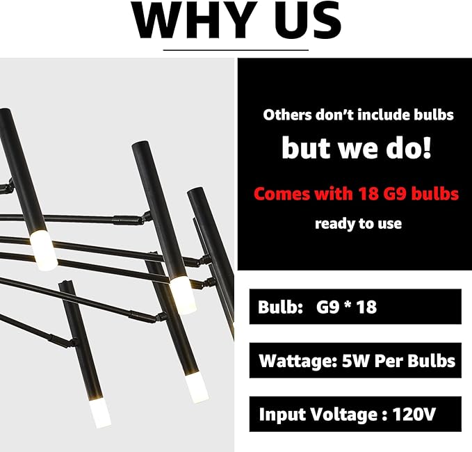 NILSE LED 18-Light Black Modern Sputnik Chandelier with G9 Bulbs, 53 Inch Large Mid Century Light Fixture Dimmable Lighting for Dining Room Foyer Farmhouse Bedroom Living Room