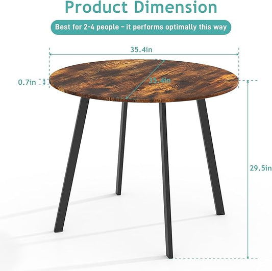 Karl home 35.4in Small Dining Table, Round Dining Table with Wood Finish Steel Legs, Circle Dinner Tables for Small Space, Apartment, Office, Kitchen, for 2 to 4 Person-Rustic Brown