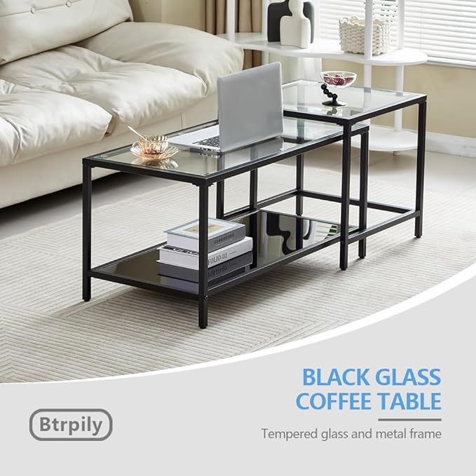 Coffee Table Nesting Set of 2, Center Coffee Table Set with Tempered Glass, Modern Side Tables for Living Room, Bedroom, Office and Nightstand, Black