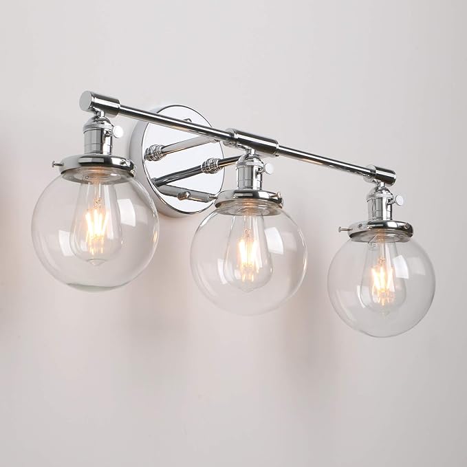 Permo Vintage Industrial Antique Three-Light Wall Sconces with Mini 5.9" Round Clear Glass Globe Shade (Chrome)