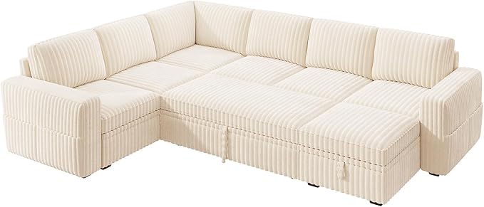 HONBAY Modular Sectional Sleeper Sofa with Pull Out Bed,Corduroy U Shaped Couch with Storage, Sectional Couches for Living Room,Beige