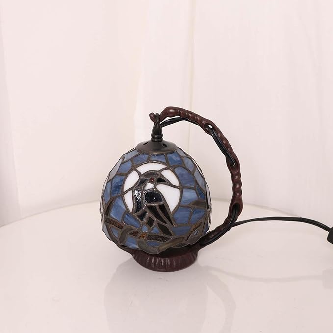 Bieye L12011 Raven Sitting on Bare Tree Branch in Full Moon Night Tiffany Style Stained Glass Table Lamp for Home Decor (Dark Blue, 7Wx5.5Dx8H)