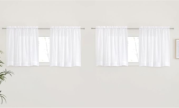 NICETOWN 4 Panels Cafe Curtains 30 inch Length - Dual Rod Pockets Voile Sheer Window Treatments Soft & Airy with Light Filtering Drapes for Nursery/Kitchen, White, W60 x L30