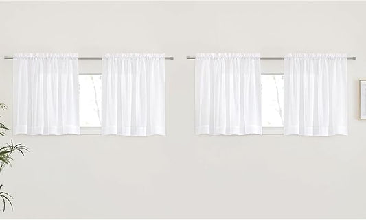 NICETOWN 4 Panels Cafe Curtains 30 inch Length - Dual Rod Pockets Voile Sheer Window Treatments Soft & Airy with Light Filtering Drapes for Nursery/Kitchen, White, W60 x L30