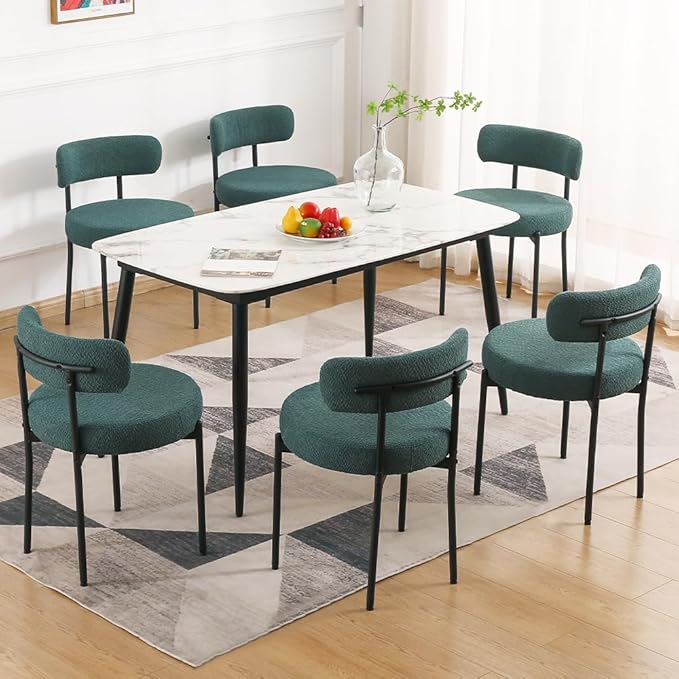 EDWELL Dining Chairs Set of 6, Modern Upholstered Dining Room Chairs with Black Metal Legs, Green Curved Backrest Kitchen Chair for Dining Room, Living Room