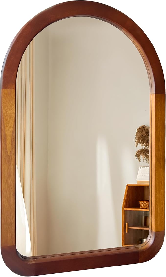 Arched Mirror 22 x 30 Inch,Brown Wood Rustic Bathroom Tempered Wall Mirror with Wood Frame,Round Corner Arch Farmhouse Wooden Vanity Mirror for Living Room,Entryway or Bedroom（Walnut Brown）
