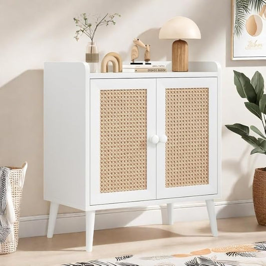 FONTOI Buffet Cabinet, Rattan Storage Cabinet with Round Pull Rings, Sideboard with Ample Storage, Bar Liquor Shelf with 2 Doors for Living Room, Hallway, White