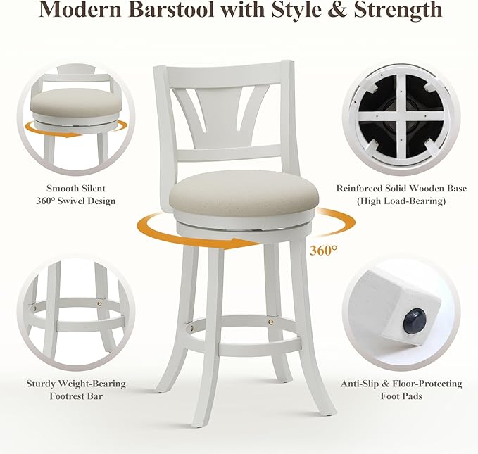 Swivel Bar Stools Set of 6,26 Inch Counter Height Barstool with Silent Rotation, High-Density Foam Cushion, Solid Wood Frame, Footrest & Anti-Slip Pads for Kitchen Islands and Home Bars (White)