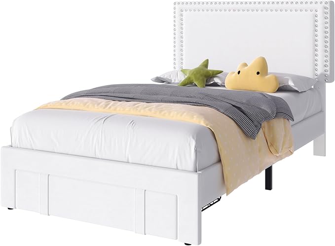VECELO Twin Platform Bed Frame with Storage Drawer, Adjustable Velvet Rivet Headboard, Wooden Support, No Box Spring Needed, Easy Assembly