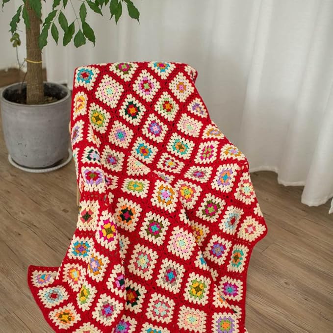 RISEON Handmade Granny Square Crochet Throw Blanket Sweater Style Mat, Crochet Quilt, Multicolor Boho Travel Accent Decor Throw for Sofa Comforter Couch Bed Recliner Living Room Bedroom (Red)