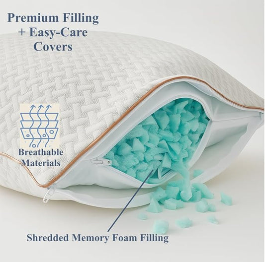 AMBERSTAR Memory Foam Pillow - 2 - Pack, Adjustable Loft, Cooling & Cozy Dual-Sided Cover, Perfect for Side, Back & Stomach Sleepers