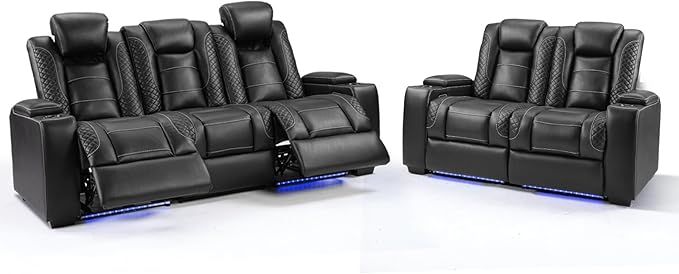 ANJ Power 3-Piece Electric Recliner Sofa and 2PCS Recliner Chairs with LED Lights, USB Charging & Storage, Faux Leather Living Room Furniture for Home Theater (Black)
