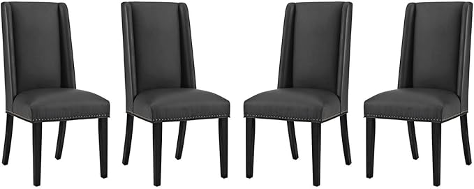 Modway Baron Modern Tall Back Wood Faux Leather Upholstered Parsons Four Kitchen and Dining Room Chairs with Nailhead Trim in Black