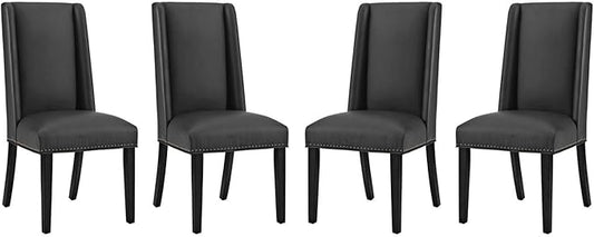 Modway Baron Modern Tall Back Wood Faux Leather Upholstered Parsons Four Kitchen and Dining Room Chairs with Nailhead Trim in Black