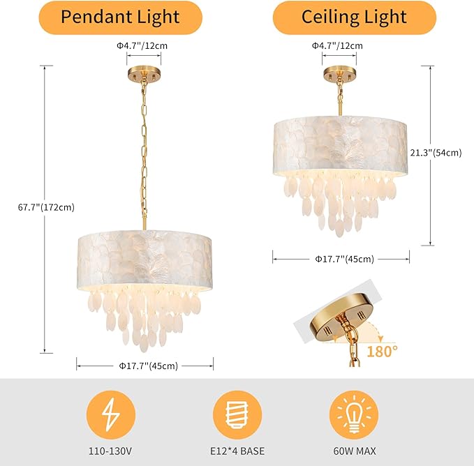 4-Light Drum Capiz Shell Chandeliers, Coastal Style Pendant Light Fixture for Dining Room, Living Room, D18 x 21~68"(Adjustable Height), Shell Lampshade & Gold Finish