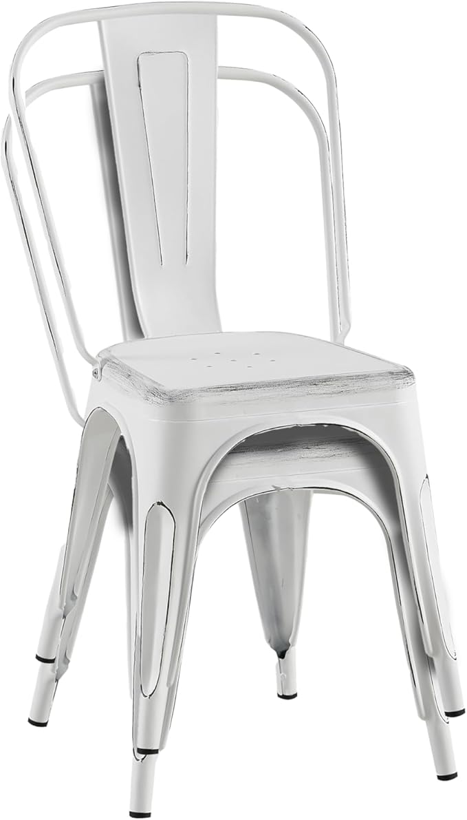 AC Pacific Stackable Metal Dining Chairs Set of 2 for Indoor and Outdoor Use, Durable Stacking Seat, Farmhouse Kitchen, Bar, Patio, Bistro, Cafe, Industrial Style, 2pcs, Sanded Matte White