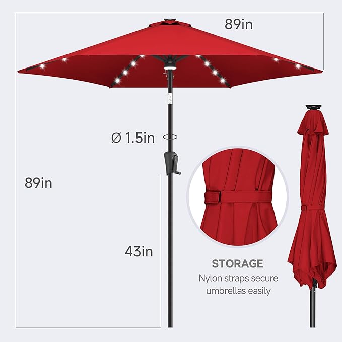 FLAME&SHADE 7.5 FT Solar Light Patio Umbrella, 24 LED Lights Outdoor Umbrella with Centre Surround Light, Table Umbrella Outdoor Patio for Deck, Pool, Backyard, Garden, UV Protection (Red)