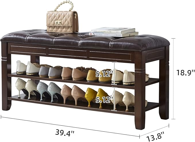 LEILISI Shoe Bench, Storage Rack Organizer with Cushion 2 Tier Lift Top Shoe Rack for Entryway Living Room Bedroom Hallway Wooden Furniture (Brown, 39.4'')