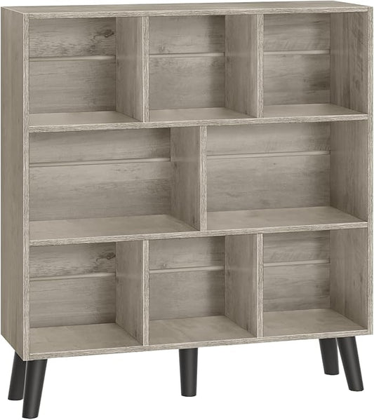 LEYAOYAO 8 Cube Bookshelf, 3 Tier Modern Bookcase with Legs, Mid-Century Modern Wood Book Shelves Storage, Retro Grey Book Case, Freestanding Organizer Display Shelf for Bedroom,Living Room,Office