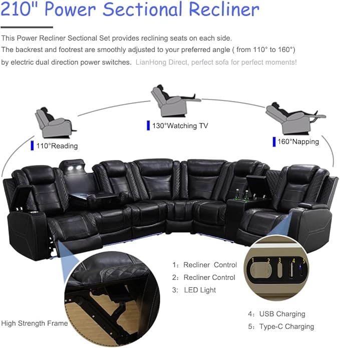 Power Recliner Sectional Sofa Couch and Loveseat, Power Sectional Sofa Set with LED, Recliner Couch Set for Living Room, Type C, USB, Adjustable Chair, Arm Storage & Cupholders for Home/Office