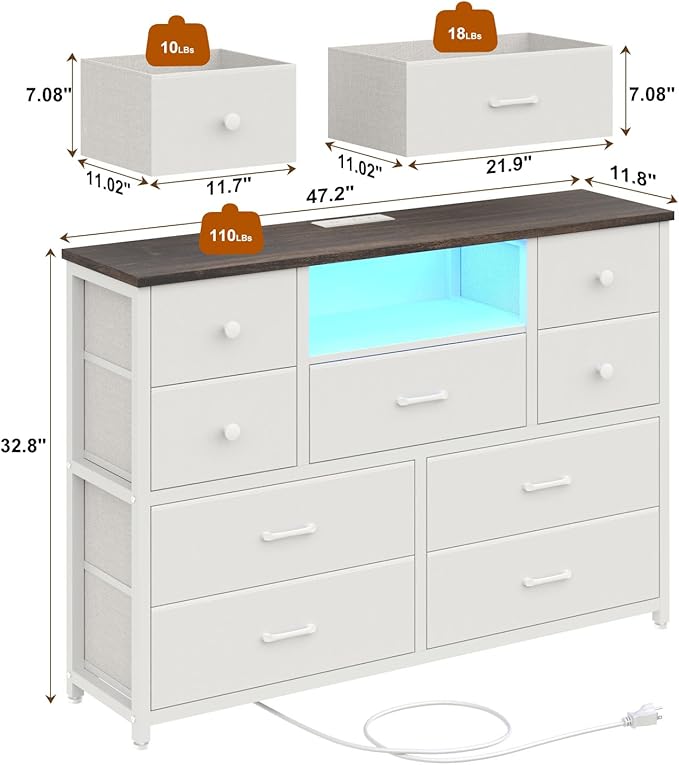 NONGSHIM Dresser with Charging Station and LED Lights, Long Dressers for Bedroom Dresser TV Stand with 9 Drawers, Fabric Chest of Drawers with PU Finish, Wide Dressers Storage Organizer, White+Walnut