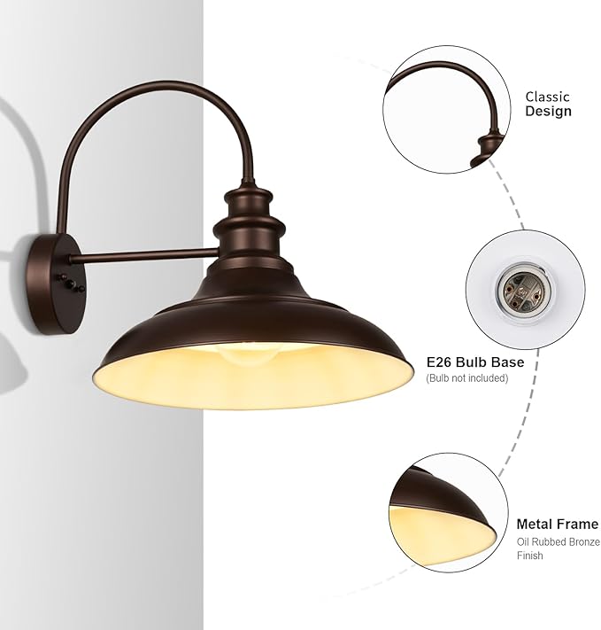 Dusk to Dawn Sensor Outdoor Barn Light Fixtures, 16 Inch Dome Farmhouse Outdoor Wall Sconces, Rustic Exterior Wall Mount Lights, Industrial Bronze White Wall Lanterns for Porch, 2 Pack