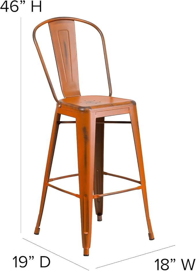 Flash Furniture Commercial Grade 30" High Distressed Orange Metal Indoor-Outdoor Barstool with Back