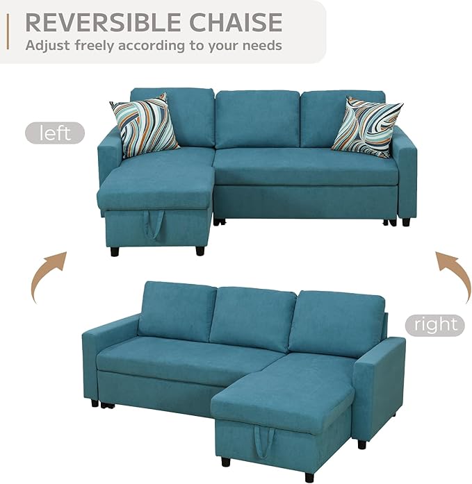 Yafylly L-Shaped Sleeper Sofa with Chaise Lounge & Storage, Pull-Out Couch Bed with Recliner, Full Size Futon for Living Room, Office, Apartment Teal