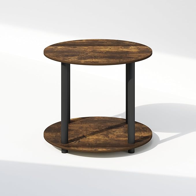 Furinno Turn-N-Tube Side Table, 2-Tier Round End Table with Open Shelf, Night Stand, Bedside Table, Toolless Assembly, for Living Room, Bedroom, Amber Pine