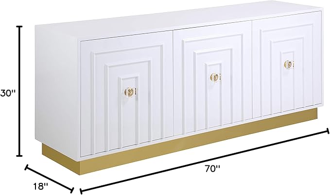 Meridian Furniture Cosmopolitan Collection Modern | Contemporary Sideboard/Buffet with Durable Gold Stainless Steel Base, 70" W x 18" D x 30" H, White Lacquer