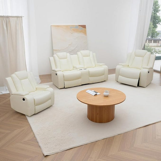 Power Recliner Sofa Set, Air Leather Reclining Couch with LED, Reclining Living Room Sofa and Loveseat Chair for House/Apartment/Office (Creamy White, LOVESEAT+2 Chairs)