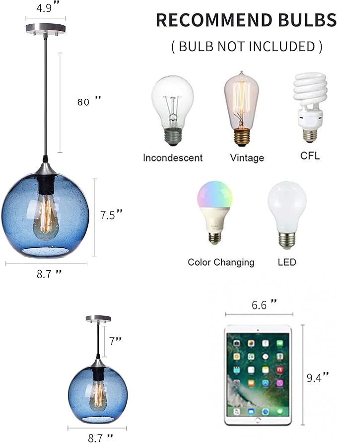 ARIAMOTION Pendant Lighting for Kitchen Island Hand Blown Glass Modern Blue Bubbles Light Over Sink Bar Bedroom Vintage Globe 8.7 InchDiam