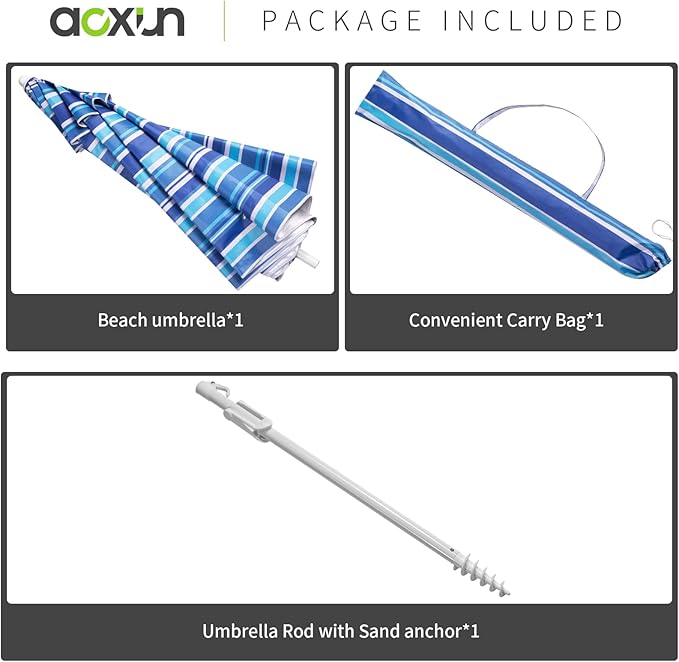 Aoxun 8 FT Beach Umbrella with Tilt Pole, Portable Sand Anchor and Carry Bag, UPF 50+ Sun Shelter Air Vents Design for Outdoor (Navy Blue & White)