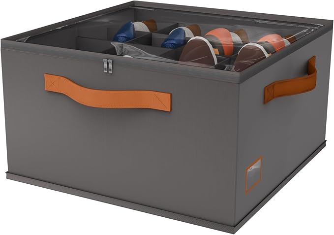 Shoe Organizer for Closet, Fabric Shoe Storage Bins with Clear Cover, Adjustable Dividers for Shoe Storage, Shoe Cube Organizer Fits up to 16 Pairs, Grey 1-Pack