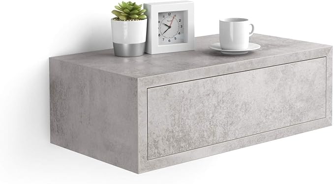 Mobili Fiver, Riccardo Floating nightstand, Concrete Effect, Grey, 17.7" x 9.8" x 6.1 ", Melamine-Finished, Modern Bedside Table, End Table, Italian Furniture