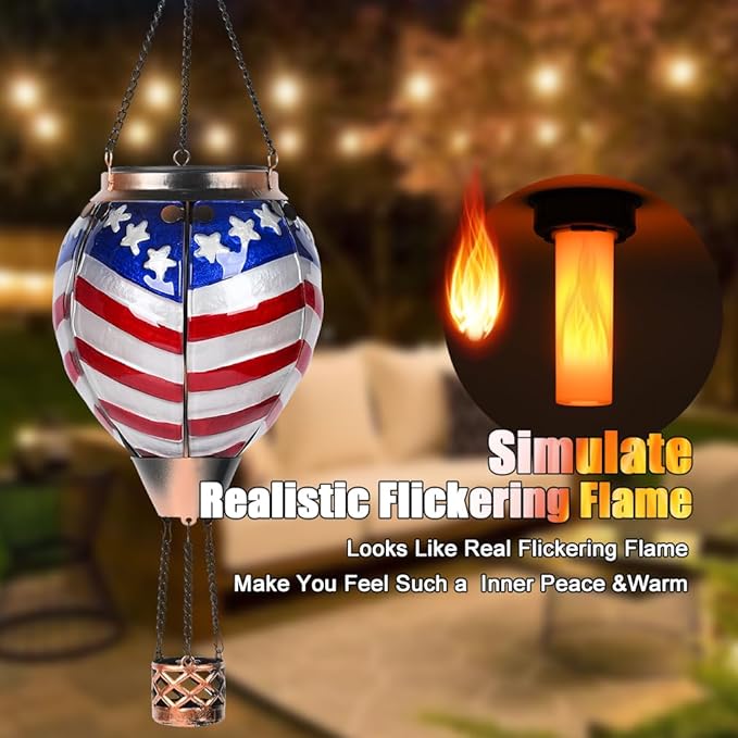 Hot Air Balloon Solar Lantern - U.S Flag Patriotic Glass Lantern, Simulated Flickering Dancing Flame, Outdoor Hanging Yard Light Waterproof IP65, Ideal 4th of July Gift for Patriot Patio Decor