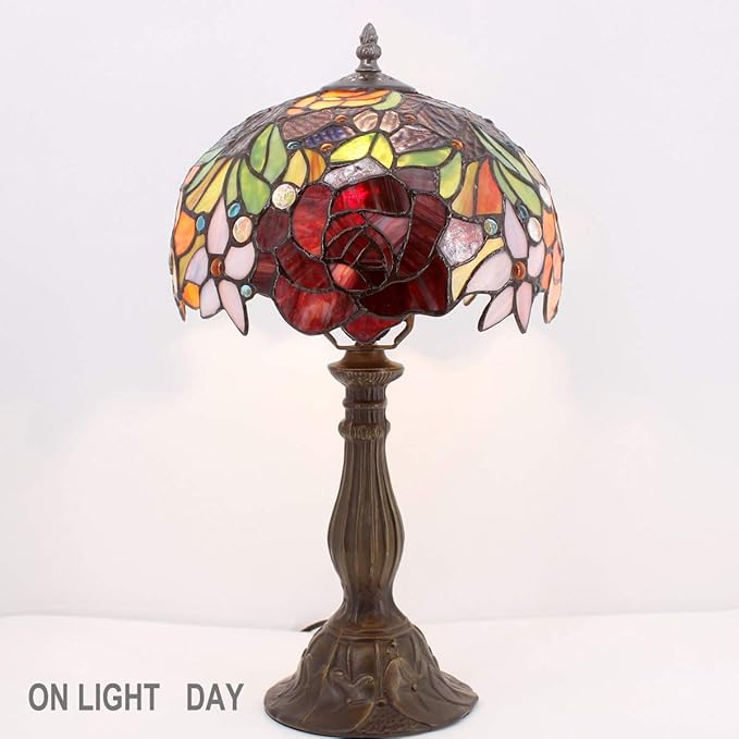 WERFACTORY Tiffany Style Table Lamp Stained Glass Bedside Lamp Red Rose Desk Reading Light 10X10X18 Inches Decor Bedroom Living Room Home Office S001 Series
