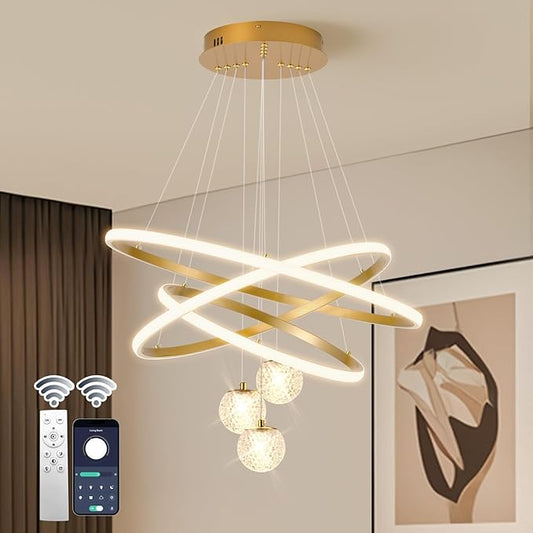 LED Modern 3 Ring Chandeliers for Dining Room, 24in Dimmable Kitchen Pendant Lamp, Gold Dining Room Light Fixtures Ceiling Hanging Over Table, Globe Round Chandeliers for Living Room Bedroom