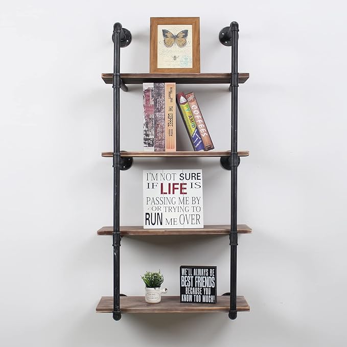 MBQQ Industrial Pipe Shelving Wall Mounted,24in Rustic Metal Floating Shelves,Steampunk Real Wood Book Shelves,Wall Shelf Unit Bookshelf Hanging Wall Shelves,Farmhouse Kitchen Bar Shelving(4 Tier)