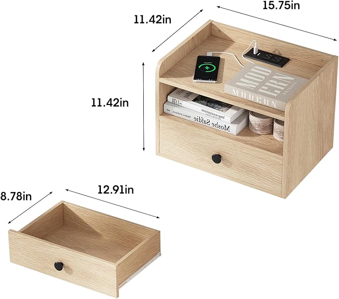 Floating Nightstand Set of 2 Modern Night Stands with Drawer and Open Shelf Cubby Small Bedside End Table with Charging Station Wall Mounted Nightstands Set 2 for Bedroom Natural