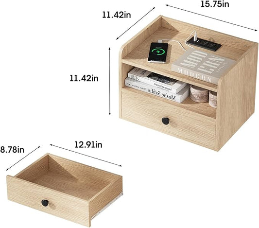 Floating Nightstand Set of 2 Modern Night Stands with Drawer and Open Shelf Cubby Small Bedside End Table with Charging Station Wall Mounted Nightstands Set 2 for Bedroom Natural
