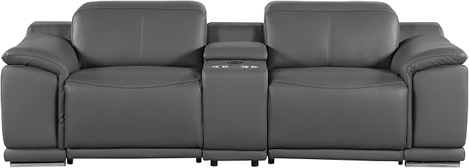BlackJack Furniture Venice Top Grain Italian Leather Power Recline Loveseat Sofa - 93" Theater Seating Modern Couch for Living Room Apartment Home with Adjustable Headrests & USB Port, Dark Grey